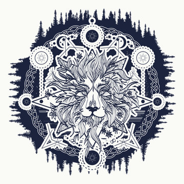 Ornamental Tattoo Lion Head. Alchemy, religion, spirituality, occultism, tattoo lion art, coloring books. Mystic Lion sketch tattoo art