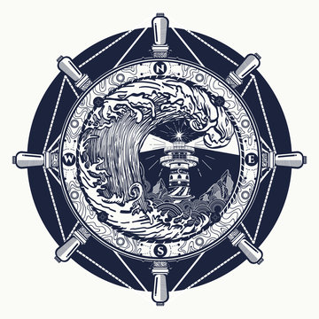 Storm tattoo art and t-shirt design. Steering wheel, lighthouse, compass. Searchlight tower for maritime navigational guidance tattoo. Ocean wave storm art. Sea tattoo
