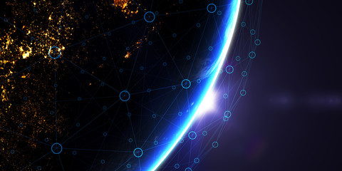 Earth from space at night with a digital communication system/ Earth from space at night with a digital communication system. Some elements of the image provided by NASA.