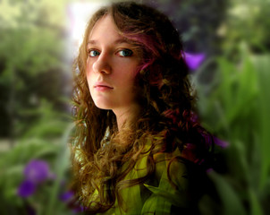 Naklejka premium Beautiful young girl with fresh face , on the floral background