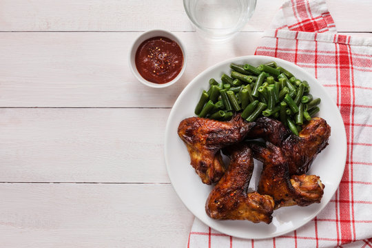 Grilled Chicken Wings With Green Beans Overhead Shot