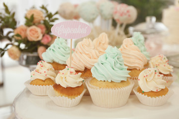 Stand with tasty cupcakes prepared for party