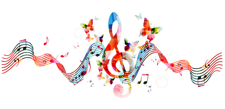 Music notes background. Colorful stave with G-clef and music notes isolated vector illustration