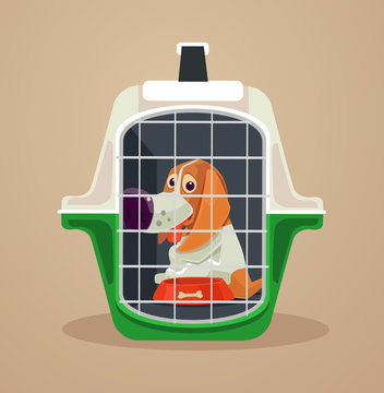 Dog transport box. Carrying case. Vector flat cartoon illustration