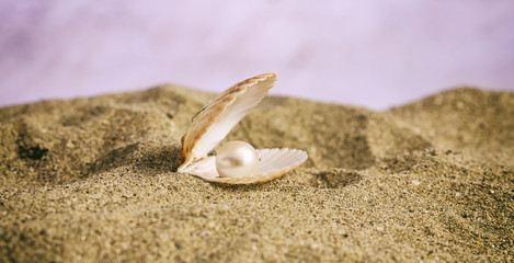 Fototapeta na wymiar Pearl in a seashell on the beach