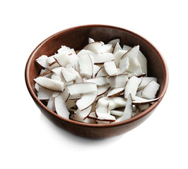 Bowl with coconut pieces on white background