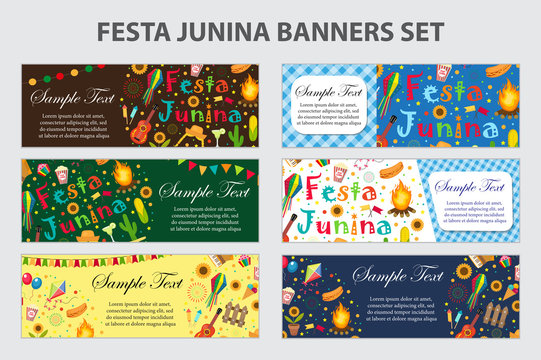 Festa Junina banner set with space for text. Brazilian Latin American festival template for your design with traditional symbols. Vector illustration