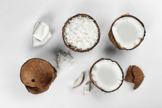 Beautiful composition with coconuts on white background