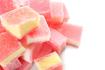 Tasty jelly candies on white background, closeup