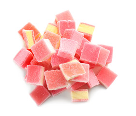 Tasty jelly candies on white background