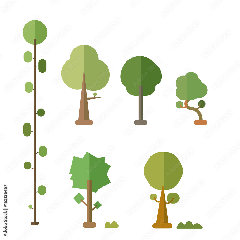 Aufkleber flat trees vector set with bush and isolated white background