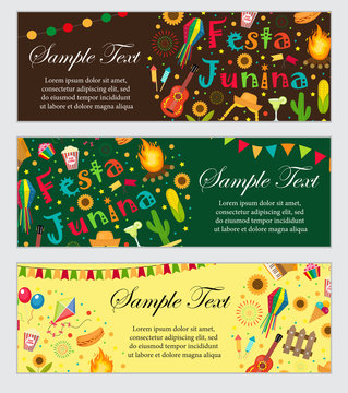 Festa Junina banner set with space for text. Brazilian Latin American festival template for your design with traditional symbols. Vector illustration