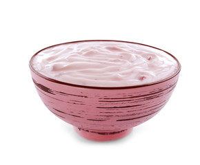Bowl of tasty yogurt on white background