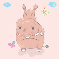 Cute baby hippo cartoon hand drawn vector illustration. Can be used for baby t-shirt print, fashion print design, kids wear, baby shower celebration, greeting and invitation card.