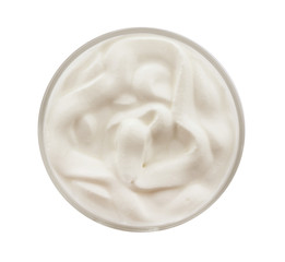 Glass of tasty yogurt on white background