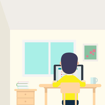 Young man work in his room with laptop and cup on table vector illustration.