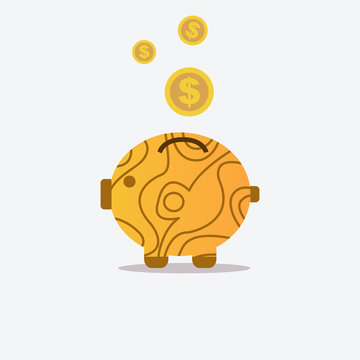 Pig bank and wood texture with coin icon.Saving money concept.Vector illustration.