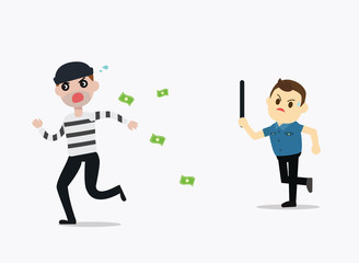 Police man running chasing thief escaping with stolen money vector illustration