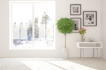 White empty room with winter landscape in window. Scandinavian interior design. 3D illustration