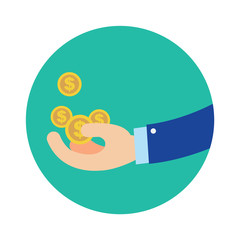 Flat business Hand getting coins in green circle vector illustration.Business get money concept