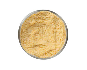 Glass bowl with flour on white background