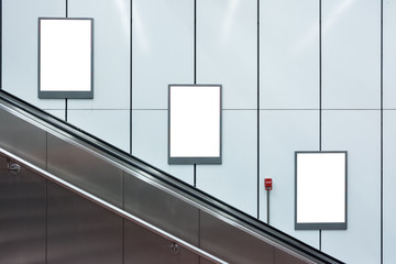 Blank Escalator Subway Advertisements Three Copyspace White Isolated Interior Urban