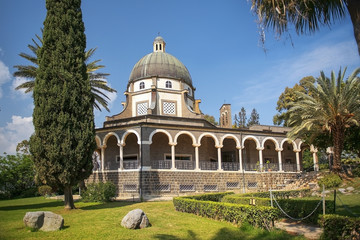 Fototapeta na wymiar Church of the Beatitudes roman catholic church located by Sea of Galilee near Tabgha and Capernaum at the Mount of Beatitudes, where Jesus is believed to have delivered the Sermon on the Mount, Israel