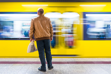 Yellow Blurred Motion Subway Waiting Commute Transportation European City Urban