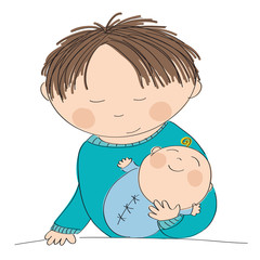 Happy young father holding his little baby boy - original hand drawn illustration