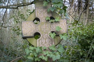 Overgrown Cemetery Celtic Cross, Abney Cemetery, London, England
