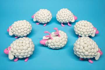 Concept - A group of white sheep turns their back on a fellow sheep, lying on its back. Shot on a solid blue background. 