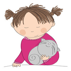 Happy girl holding her little grey kitten - original hand drawn illustration
