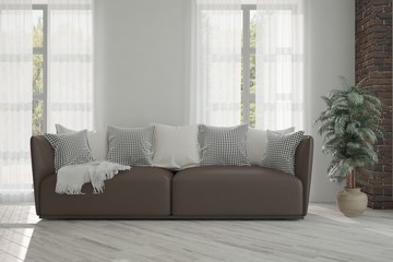 White modern room with sofa. Scandinavian interior design. 3D illustration
