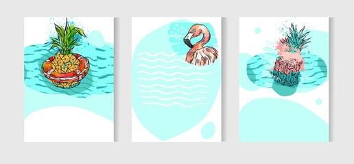 Hand drawn vector abstract artistic freehand drawing unusual summer time cards set template collection with pineapple fruit on ocean waves isolated on white background.Wedding,birthday,save the date. © anastasy_helter