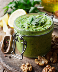 Pesto sauce with parsley and walnuts