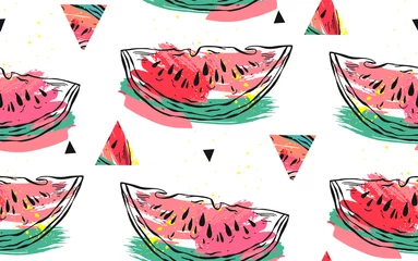 Tapeten Wassermelone Handgezeichnete Vektor abstrakte Collage nahtlose Muster mit Wassermelone Motiv und Dreieck Hipster Formen isoliert auf weißem Hintergrund. Ungewöhnliche Dekoration für Sommer Hochzeit, Geburtstag, Datum speichern