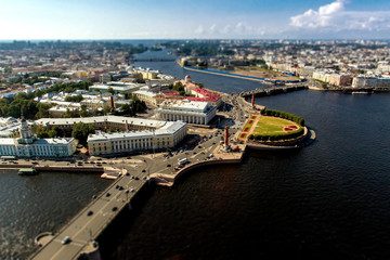 Obraz premium St. Petersburg. View of the Vasilievsky Island and the Neva River. View of the Vasilyevsky Island arrow from the helicopter. Rastral columns.