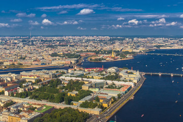 Fototapeta premium Vasilievsky Island. Summer day. View from the cockpit of the helicopter. St. Petersburg from the heights.