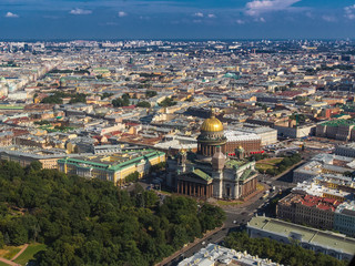 Saint Isaac's Cathedral. Museum and Orthodox church. Summer day. View from the cockpit of the helicopter. St. Petersburg from the heights.