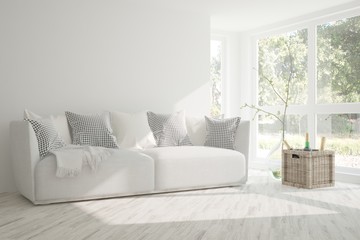 White room with sofa and green landscape in window. Scandinavian interior design. 3D illustration