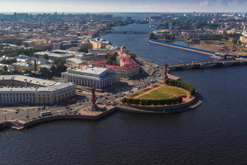 Obraz premium St. Petersburg. View of the Vasilievsky Island and the Neva River. View of the Vasilyevsky Island arrow from the helicopter. Rastral columns.