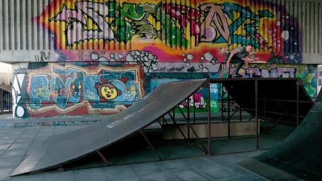 Rollerbladers and ramp. Inline skaters jumping, graffiti background. Youth and courage.