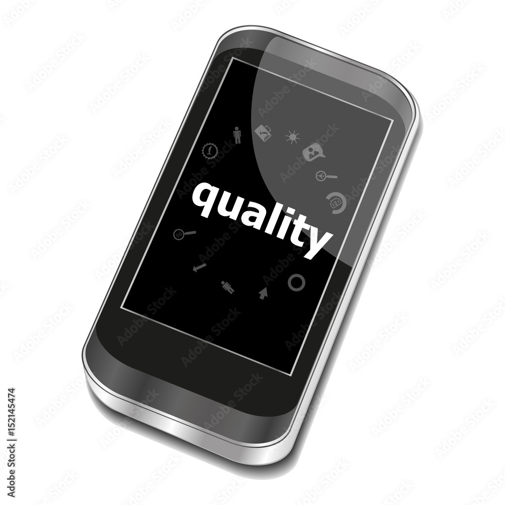 Aufkleber text quality. business concept . smartphone with web application icon on screen . isolated on white