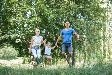 Obraz premium Rear view of joyful happy family jumping together at outdoor park