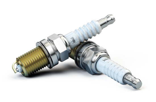 Pair of New Spark plugs isolated on white background. 3d render