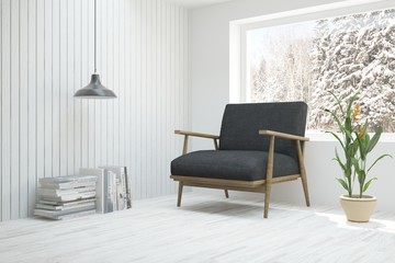White room with armchair and winter landscape in window. Scandinavian interior design. 3D illustration