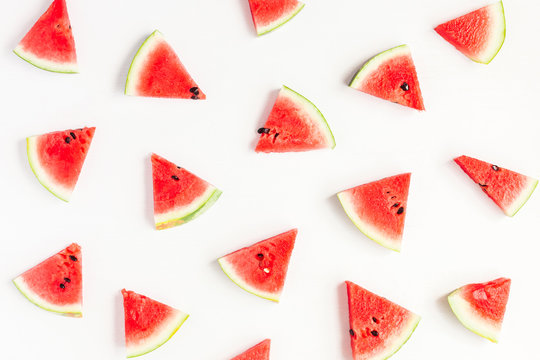 Watermelon pattern. Sliced watermelon on white background. Flat lay, top view