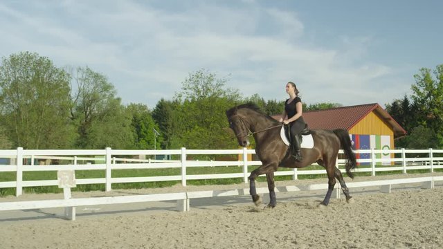 SLOW MOTION CLOSE UP: Beautiful dark brown gelding running in outdoor riding arena on sunny spring day. Female rider horseback riding stunning horse doing canter in sandy paddock at countryside ranch 