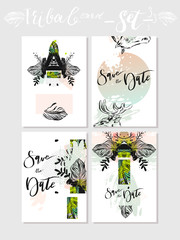 Hand made vector abstract graphic Save the Date tribal tropical exotic Valentines day cards set collection in pastel colors isolated on white background.Unusual cards for Business,holidays,decoration.