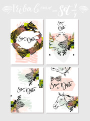 Hand made vector abstract graphic Save the Date tribal tropical exotic Valentines day cards set collection in pastel colors isolated on white background.Unusual cards for Business,holidays,decoration